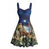 Robe de plage courte à col en cœur et motif floral et feuilles, buste froncé, coupe trapèze - Bleu profond L | US 8-10