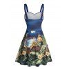 Robe de plage courte à col en cœur et motif floral et feuilles, buste froncé, coupe trapèze - Bleu profond L | US 8-10
