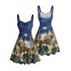 Robe de plage courte à col en cœur et motif floral et feuilles, buste froncé, coupe trapèze - Bleu profond L | US 8-10