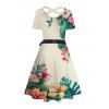 Robe de vacances à motif de fleurs et de feuilles, coupe croisée, manches courtes, col rond, coupe trapèze, décontractée - Beige S | US 4
