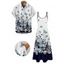 Vacation Couple Outfit Ombre Floral Leaf Pattern Pocket Spaghetti Strap A Line Long Tank Dress and Button Up Shirt Casual Matching Outfit - Bleu de Minuit S | US 4