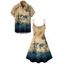Vacation Couple Outfit Ocean Ship Anchor Bird Pattern Spaghetti Strap V Neck A Line Mini Tank Dress and Button Up Shirt Vintage Matching Outfit - café lumière S | US 4