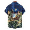Vacation Couple Outfit Beach Landscape Floral Leaf Pattern Ruched Bust Dress and Button Up Shirt Beach Matching Outfit - Bleu profond S | US 4