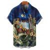 Vacation Couple Outfit Beach Landscape Floral Leaf Pattern Ruched Bust Dress and Button Up Shirt Beach Matching Outfit - Bleu profond S | US 4