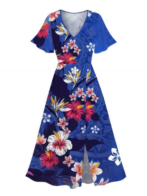 Robe de vacances fendue à motif floral et feuilles colorées, manches évasées, col en V, coupe trapèze, mi-longue, décontractée