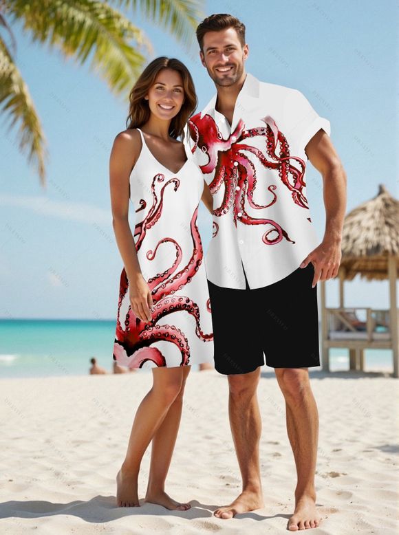 Robe Trapèze à Col en V à Taille Haute et à Bretelles Spaghetti avec Imprimé Pieuvre - Rouge foncé S | US 4