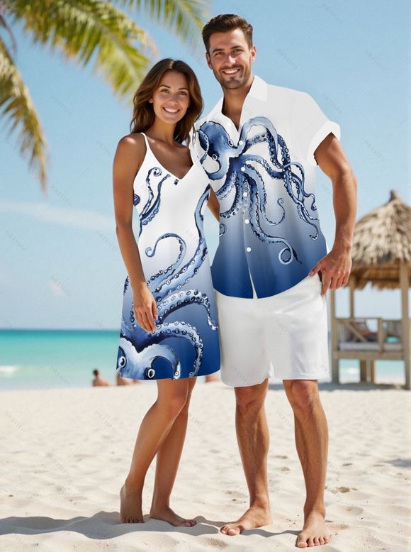 Octopus Print V Neck High Waist Spaghetti Strap Dress and Roll Up Sleeve Shirt Hawaii Outfit - Bleu clair S | US 4