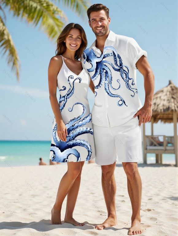 Robe Trapèze à Col en V à Taille Haute et à Bretelles Spaghetti avec Imprimé Pieuvre - Blanc S | US 4