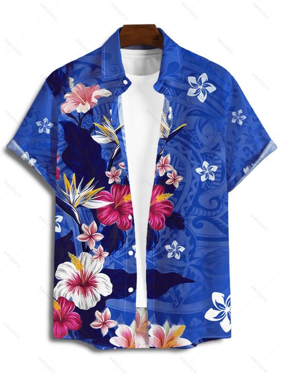 Vacation Couple Outfit Colored Floral Leaf Pattern Slit Flare Sleeve V Neck A Line Midi Dress and Button Up Shirt Casual Matching Outfit - Bleu clair S | US 4