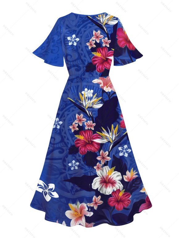 Vacation Couple Outfit Colored Floral Leaf Pattern Slit Flare Sleeve V Neck A Line Midi Dress and Button Up Shirt Casual Matching Outfit - Bleu clair S | US 4