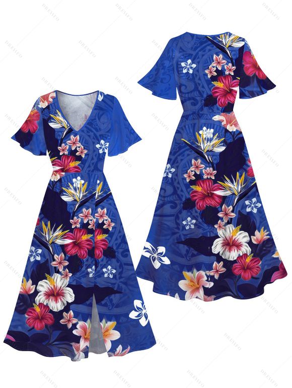 Vacation Couple Outfit Colored Floral Leaf Pattern Slit Flare Sleeve V Neck A Line Midi Dress and Button Up Shirt Casual Matching Outfit - Bleu clair S | US 4