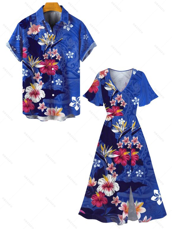 Vacation Couple Outfit Colored Floral Leaf Pattern Slit Flare Sleeve V Neck A Line Midi Dress and Button Up Shirt Casual Matching Outfit - Bleu clair S | US 4