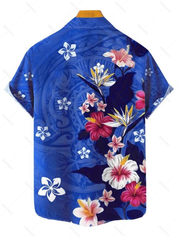 Vacation Couple Outfit Colored Floral Leaf Pattern Slit Flare Sleeve V Neck A Line Midi Dress and Button Up Shirt Casual Matching Outfit - Bleu clair S | US 4