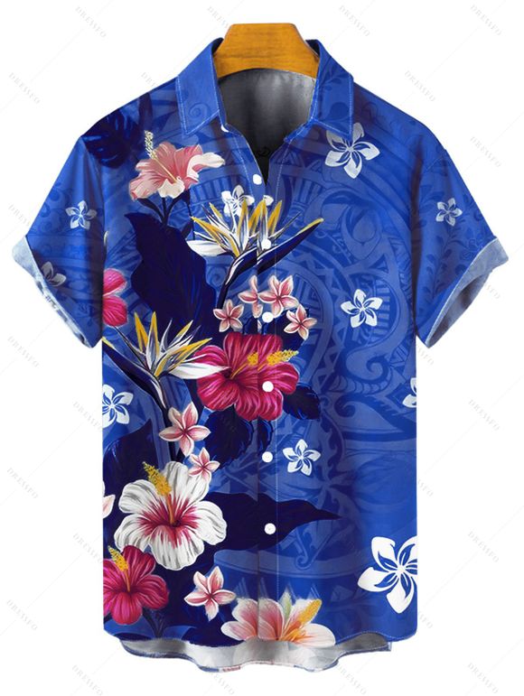 Vacation Couple Outfit Colored Floral Leaf Pattern Slit Flare Sleeve V Neck A Line Midi Dress and Button Up Shirt Casual Matching Outfit - Bleu clair S | US 4