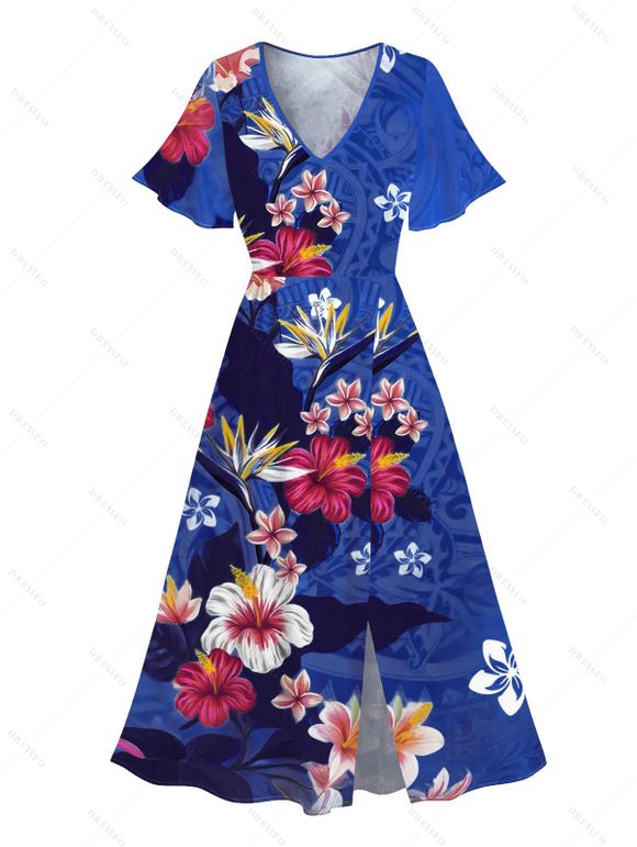 Vacation Couple Outfit Colored Floral Leaf Pattern Slit Flare Sleeve V Neck A Line Midi Dress and Button Up Shirt Casual Matching Outfit - Bleu clair S | US 4