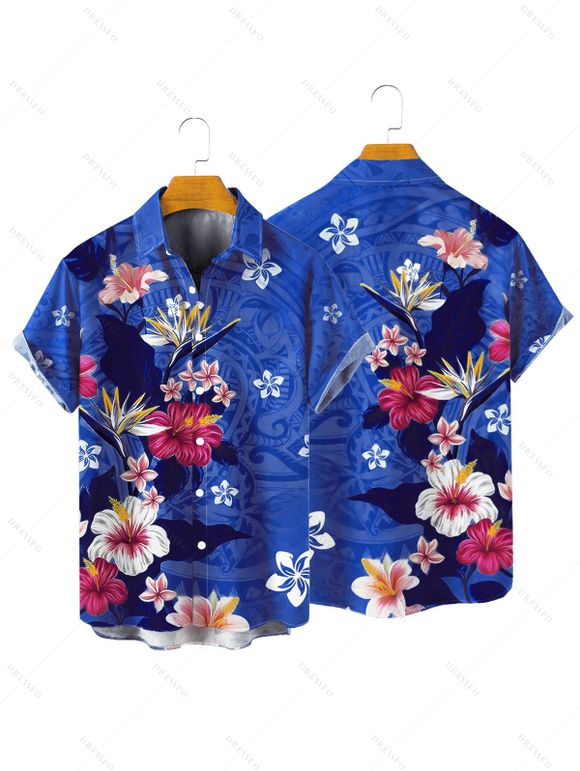 Vacation Couple Outfit Colored Floral Leaf Pattern Slit Flare Sleeve V Neck A Line Midi Dress and Button Up Shirt Casual Matching Outfit - Bleu clair S | US 4