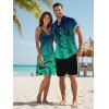 Octopus Print V Neck High Waist Spaghetti Strap Dress and Roll Up Sleeve Shirt Hawaii Outfit - Vert profond S | US 4