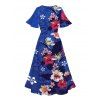 Robe de vacances fendue à motif floral et feuilles colorées, manches évasées, col en V, coupe trapèze, mi-longue, décontractée - Bleu clair XL | US 12