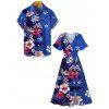Vacation Couple Outfit Colored Floral Leaf Pattern Slit Flare Sleeve V Neck A Line Midi Dress and Button Up Shirt Casual Matching Outfit - Bleu clair S | US 4