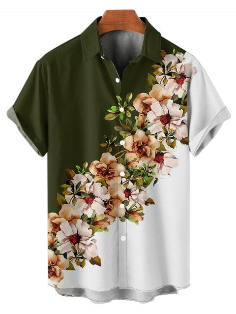 Chemise de vacances à manches courtes et col rabattu pour homme, décontractée, à motif floral et feuilles, de couleur contrastée
