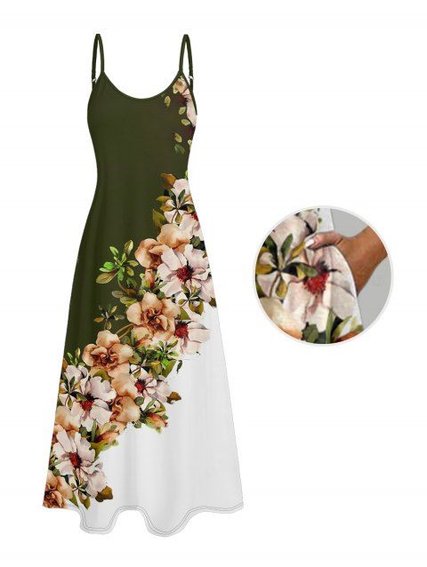Robe de vacances à motif de feuilles de fleurs et de couleurs contrastées, bretelles spaghetti, coupe trapèze, longue et décontractée