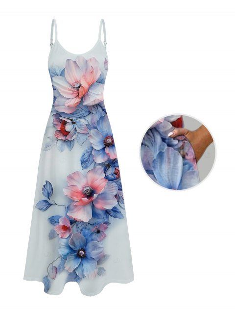 Robe de mariée à imprimé floral et feuilles, style aquarelle, avec poches, bretelles spaghetti, coupe trapèze, longue et décontractée