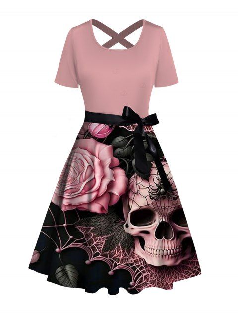 Robe gothique à manches courtes et croisées, motif tête de mort, toile d'araignée, rose et feuilles, ceinture, robe de vacances trapèze