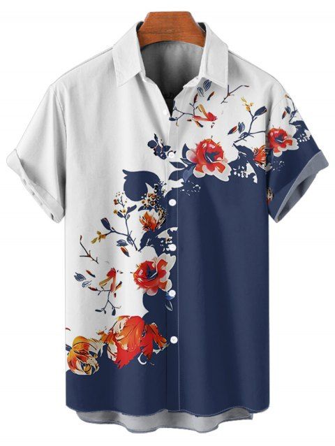 Chemise de vacances à manches courtes et boutons pour homme, motif floral et branches d'arbres, couleur unie, décontractée