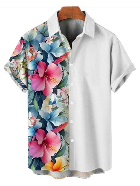 Chemise de vacances à motif de feuilles de fleurs tropicales pour homme, chemise décontractée à manches courtes et boutonnée et retroussable