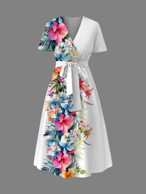 Robe de vacances à motif de feuilles de fleurs tropicales, taille haute, col en V, coupe trapèze, mi-longue, décontractée