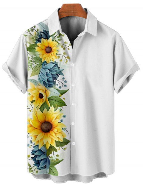 Chemise de vacances à motif floral tournesol pour homme, boutonnée, retroussée, manches courtes, décontractée
