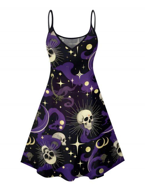 Robe gothique à motif tête de mort, fantôme, soleil, lune, étoiles, bretelles spaghetti, col en V, coupe trapèze, mini, pour les vacances