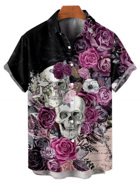 Chemise gothique à manches courtes et boutons pour homme, motif tête de mort, rose, fleur, feuille, vacances