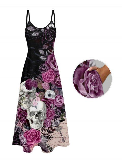 Robe gothique à imprimé tête de mort, rose, fleur et feuilles, bretelles spaghetti, coupe trapèze, longue, pour les vacances
