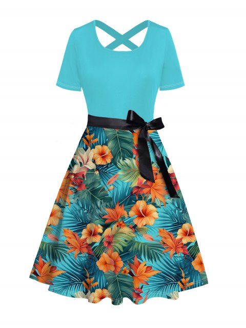Robe de vacances à motif de feuilles de fleurs tropicales, ceinture, croisée, manches courtes, ligne A, robe de plage mi-longue