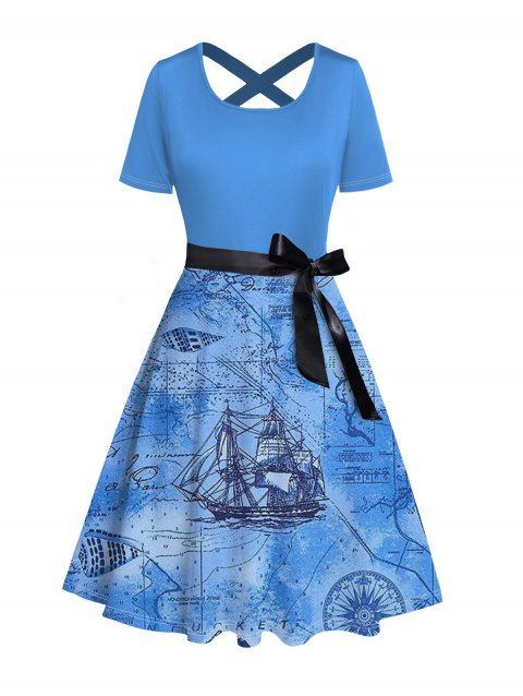 Robe de vacances à ceinture et motif de navire à éléments nautiques, robe de plage mi-longue à manches courtes et coupe trapèze