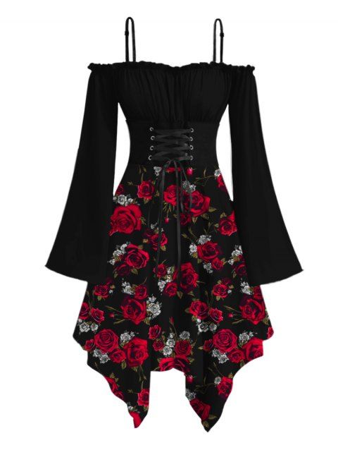 Robe gothique à lacets et imprimé feuilles de rose, à volants, épaules dénudées, manches longues évasées, robe mi-longue de vacances
