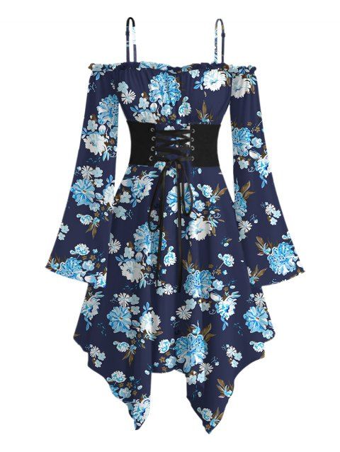 Robe de vacances à lacets et motif floral et feuilles, à volants, épaules dénudées, manches longues évasées, ourlet asymétrique, décontractée