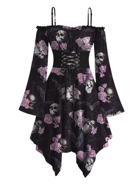 Robe gothique à lacets, motif tête de mort, chauve-souris, toile d'araignée, volants, épaules dénudées, manches longues évasées, ourlet asymétrique, robe de vacances