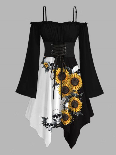 Robe gothique à lacets et imprimé tête de mort de tournesol, couleur contrastée, à volants, épaules dénudées, manches longues évasées, ourlet asymétrique, robe de vacances