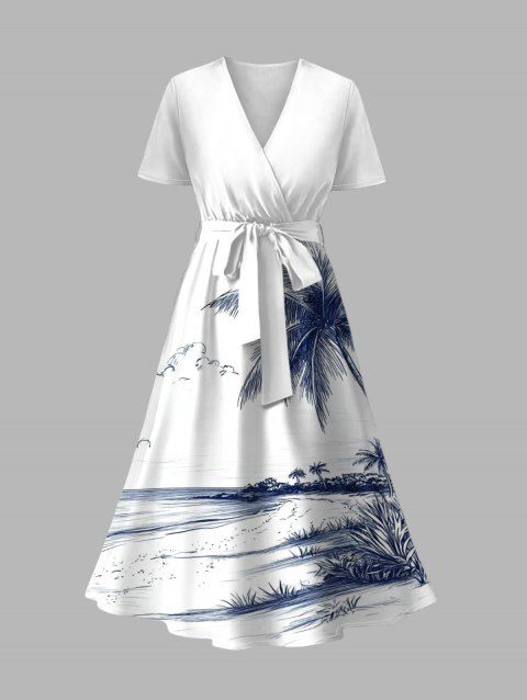 Robe de plage mi-longue à col en V et manches courtes, motif paysage de cocotiers, ceinture, ligne A