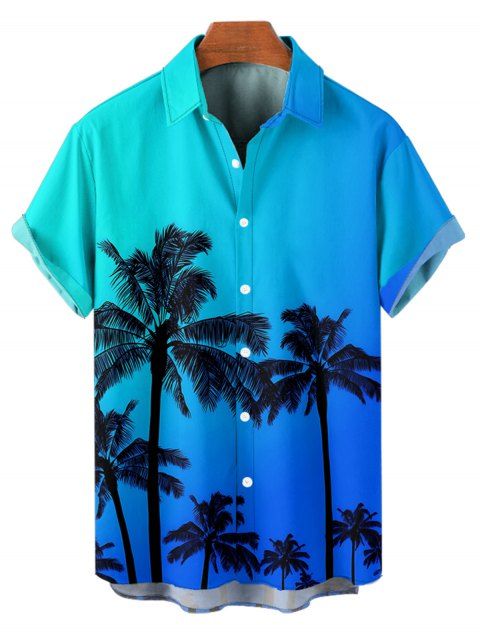 Chemise de vacances à motif cocotier ombré pour homme, boutonnée, retroussée, manches courtes, pour la plage