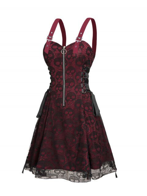 Robe gothique à lacets et demi-fermeture éclair en dentelle à motif tête de mort colorblock, sans manches, avec anneau en O, coupe trapèze, pour les fêtes