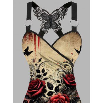 Rose Leaf Butterfly Blood Pattern Lace Ruched Gothic Tank Top Surplice O Ring Strap Holiday Long Top