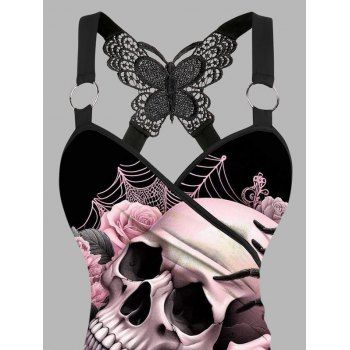 Rose Skulls Spider Web Leaf Pattern Butterfly Lace Ruched Gothic Tank Top Surplice O Ring Strap Holiday Long Top