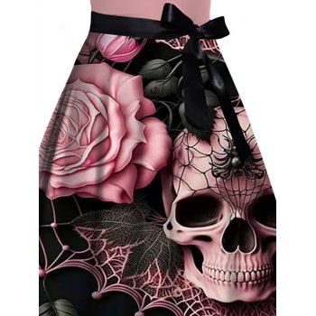 Skulls Spider Web Rose Leaf Pattern Belt Gothic Dress Crossover Short Sleeve A Line Holiday Dress
