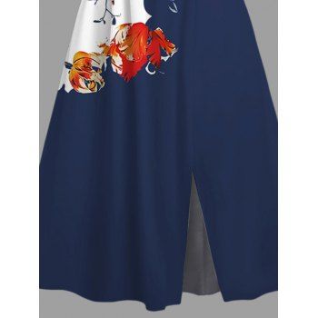 Floral Tree Branches Pattern Colorblock Slit Vacation Dress V Neck Half Flare Sleeve A Line Midi Casual Dress