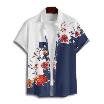 Vacation Couple Outfit Floral Tree Branches Pattern Colorblock Slit Half Flare Sleeve Dress and Button Up Shirt Casual Matching Outfit