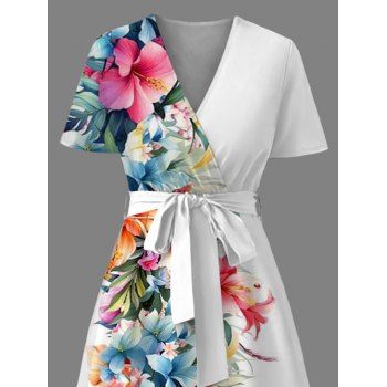 Tropical Flower Leaf Pattern Vacation Belt Dress High Waisted V Neck A Line Midi Casual Dress
