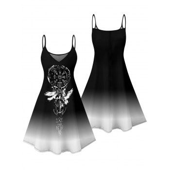 Ombre Clock Printed Vacation Dress Spaghetti Strap V Neck A Line Mini Casual Tank Dress